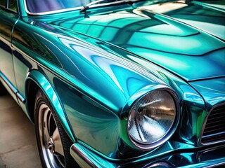 Vibrant metallic turquoise car paint glistens in the light, showcasing a sleek, high-gloss finish with subtle blue undertones and a mesmerizing iridescent sheen.