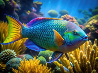 Vibrant midnight parrot fish with iridescent scales and yellow fins swims amidst coral reef's intricate architecture, surrounded by seaweed and ocean's soft blue glow.