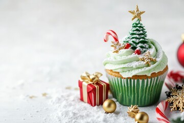 Festive Christmas Cupcake Decorated with a Green Tree and Snow