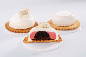 Detailed view. Delicious cake against white background