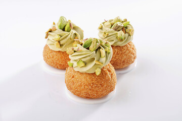 Detailed view. Delicious cake against white background