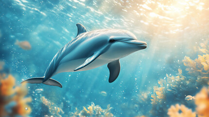 Fototapeta premium A stunning image of a dolphin swimming gracefully underwater, surrounded by vibrant marine life and bathed in golden sunlight.