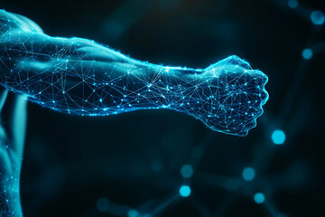 An abstract digital background featuring a human biceps with data connections in blue and black colors.