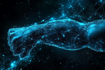 An abstract digital background featuring a human biceps with data connections in blue and black colors.
