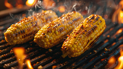 Three pieces of corn are on a grill, with one piece being slightly burnt