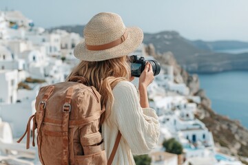 Obraz premium A woman equipped with a camera documents the beauty of a coastal village painted in white, harmoniously blending with its natural cliffside setting and deep blue sea.