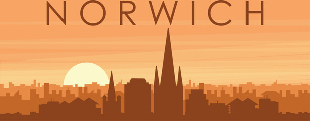 Brown panoramic poster of the city skyline with misty background buildings, sunrise, clouds and mountains of NORWICH, UNITED KINGDOM