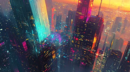 Fototapeta premium A vibrant, futuristic cityscape illuminated by neon lights at sunset.