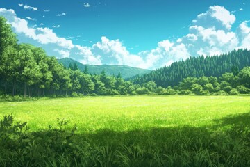 Fototapeta premium Serene Meadow Surrounded by Lush Green Forest under Clear Blue Sky
