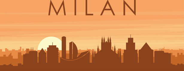 Brown panoramic poster of the city skyline with misty background buildings, sunrise, clouds and mountains of MILAN, ITALY