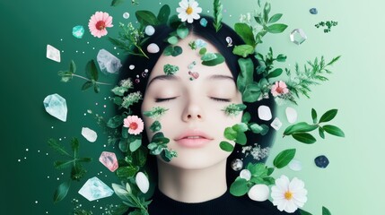 A detailed illustration of a person surrounded by healing crystals and herbs, representing holistic wellness practices.