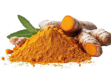 Close up of turmeric or curcuma longa with isolated powder on transparent background. PNG