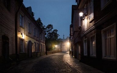 dark London street, Victorian style buildings, lots of shadows, dim light from street lamps