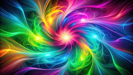 Vibrant neon hues of pink, green, blue, and yellow swirl together in a mesmerizing abstract pattern, radiating energy and creativity against a dark background.