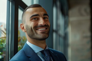 Businessman is smiling while standing by the window in an office building