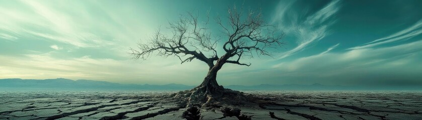 A solitary tree stands against a dramatic sky, symbolizing resilience in a barren landscape. Nature's beauty contrasts with desolation.