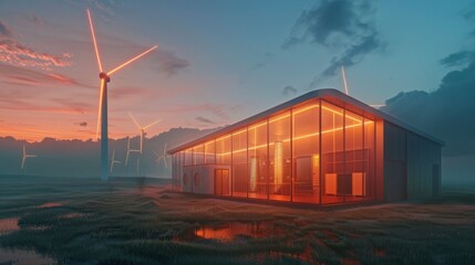 Modern Glass House with Wind Turbines at Sunset