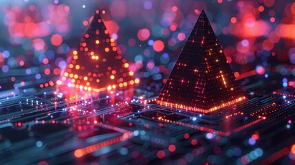 Colorful glowing pyramids rise from a digital circuit board with vibrant lights in a futuristic setting at night. Generative AI