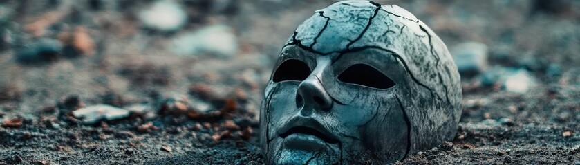 Naklejka premium A cracked sculpture of a human face emerges from the earth, reflecting themes of decay and forgotten beauty in nature.