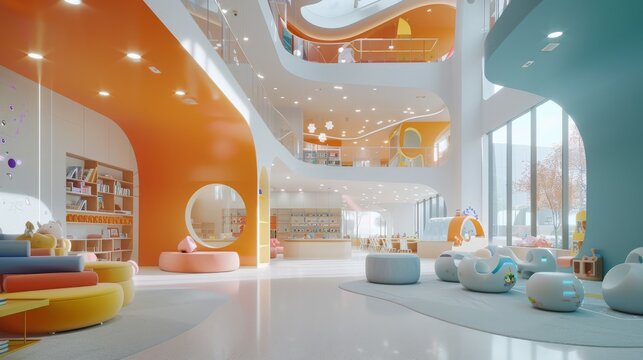 Modern Kindergarten Interior Design with Colorful Furniture and Play Area