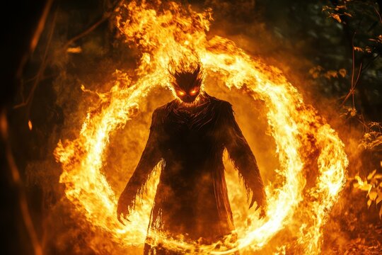 Intense Fiery Figure in Flames - Captivating Horror and Fantasy Visual for Halloween Marketing, Book Covers, and Merchandise