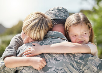 Hug, soldier and love of children, family and bonding with dad, reunion or return from military. Outdoor, uniform and person with kid, nature and care of veteran, youth or father with support or army
