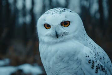 Majestic Snowy Owl with Striking Orange Eyes in Winter Forest - Stunning Wildlife Photography for Nature Lovers and Halloween Decor