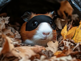 Adorable Playful Guinea Pig in Halloween Mask Among Colorful Autumn Leaves - Whimsical Pet Photography for Seasonal Marketing