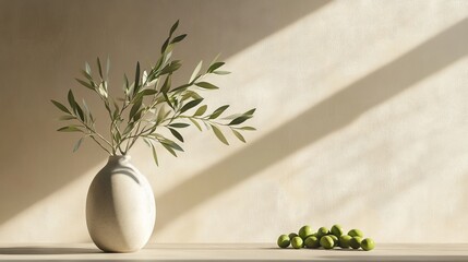 Olive Branch in Vase with Sun Rays and Minimalist Background. AI generated illustration