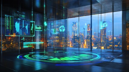 Futuristic office space with holographic displays and a city skyline view.