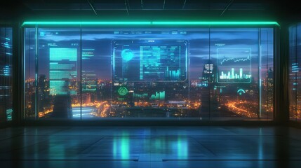 Futuristic cityscape with digital interfaces and data displays at night.