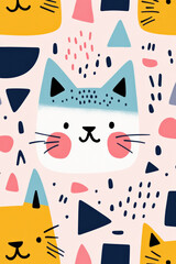 Colorful abstract pattern with cute cat faces, geometric shapes, playful design, perfect for kids room decor or wrapping paper.