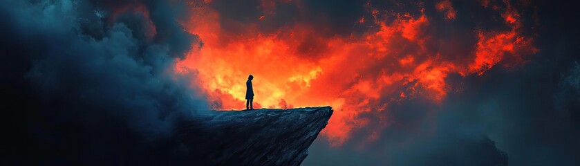 Obraz premium A solitary figure stands on a cliff against a dramatic, fiery sunset, embodying themes of mystery and introspection.