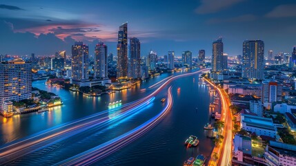 Fototapeta premium Night Cityscape with River Lights and Skyscrapers