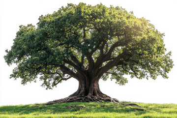 Majestic tree with sprawling branches and lush green leaves, standing alone on a grassy hill, basking in the sunlight.