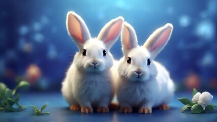 Fototapeta premium cute bunny couple in a blue night background