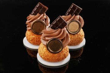 Quality product. Delicious cake against black background