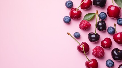 Flat Lay of Cherries and Blueberries on Pink Background with Copy Space. AI generated illustration