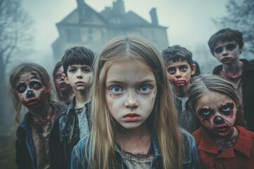 Fototapeta premium Creepy Children in Horror-Themed Scene with Foggy Background - Horror-themed imagery for film and game marketing - Halloween