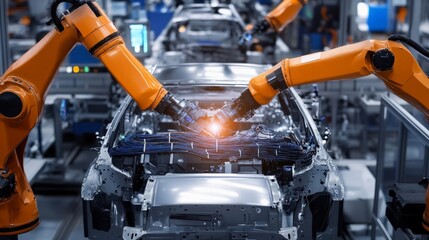 Fototapeta premium Robotic arms installing complex wiring harnesses inside a car chassis on an assembly line.