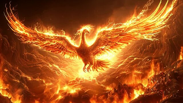 Phoenix Rising: A mythical phoenix soars majestically from a fiery inferno, its wings ablaze with incandescent light, symbolizing rebirth, resilience, and hope.  