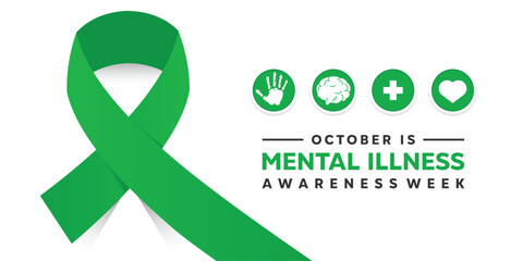 Mental Illness Awareness Week. Ribbon, hand, brain, plus icon and heart. Great for cards, banners, posters, social media and more. White background.