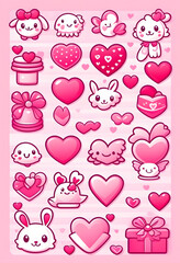 Images of Valentine's stickers and icons for decoration or graphics elements. Pink theme for the coming festival