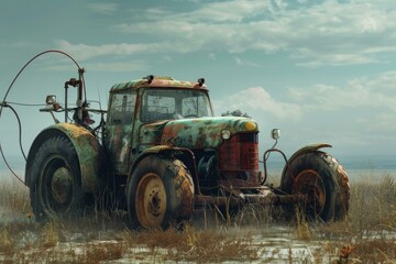 Fototapeta premium Old rusty abandoned tractor is standing on a field after raining