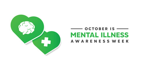 Mental Illness Awareness Week. Heart, brain and plus icon. Great for cards, banners, posters, social media and more. White background.