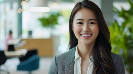 Obraz premium Vibrant Asian Woman Confidently Answering Interview Questions in Office Setting