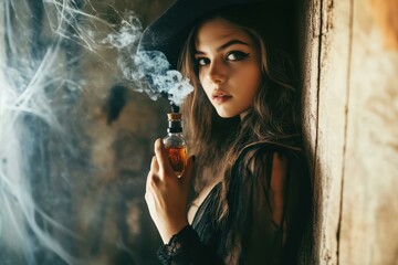 Obraz premium Enchanting Young Woman in Witch Costume with Potion Bottle and Smoke - Halloween Witch Aesthetic for Beauty and Event Marketing