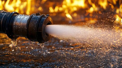 A fire hose spraying water to combat flames, showcasing the power of firefighting efforts and the element of water.