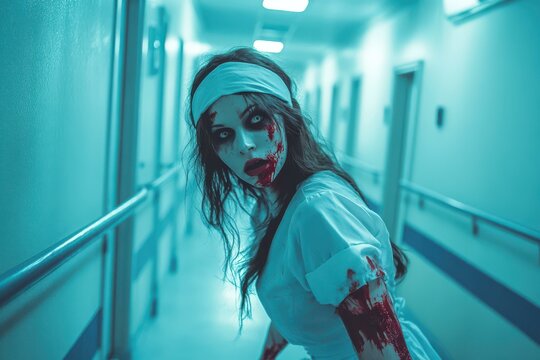Creepy Zombie Nurse in Bloodstained Costume in Blue Hospital Corridor - Horror-themed imagery for film and event marketing - Halloween