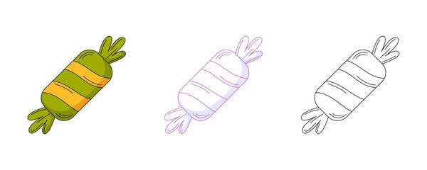 Sweet candy in a wrapper, colorful and line icon set. Traditional halloween sweets. Vector flat icon, monochrome purple, color, outline illustration. For logo, sticker, coloring book, label, print